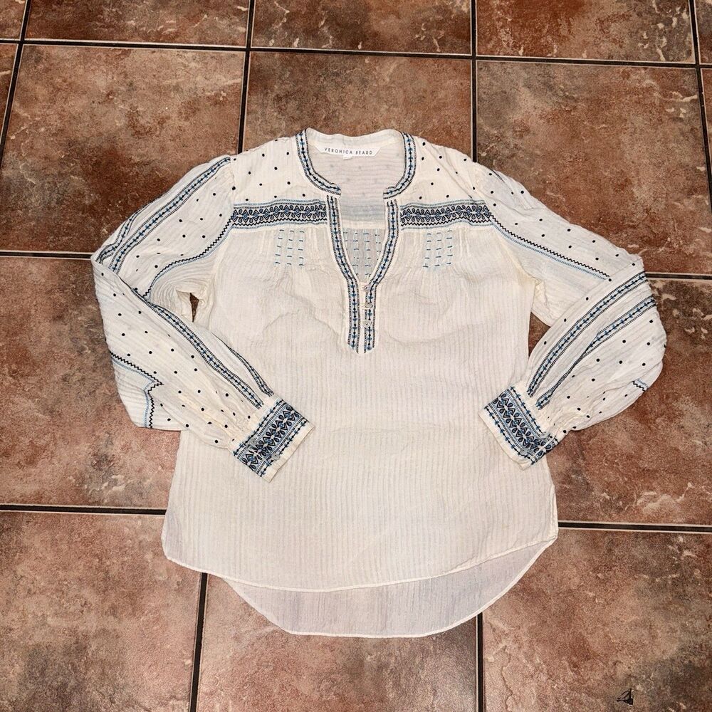 Veronica Beard Carta Embroidered Top Cream Blue Size 6 Small Boho Shirt Blouse